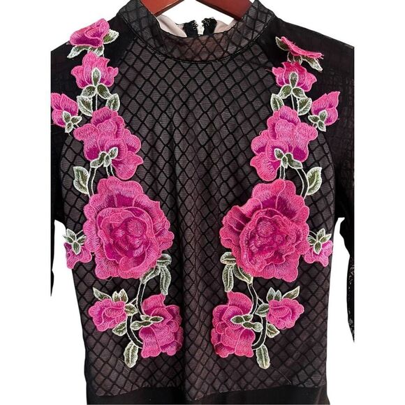 Latiste by Amy Small black mesh floral flower embroidered bodysuit long sleeve - Picture 3 of 5